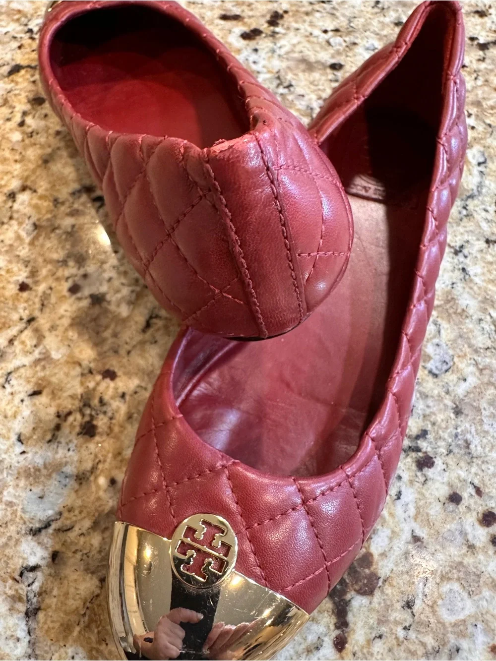 Tory Burch Quilted Wine Leather Ballet Flats with Gold Cap Toe